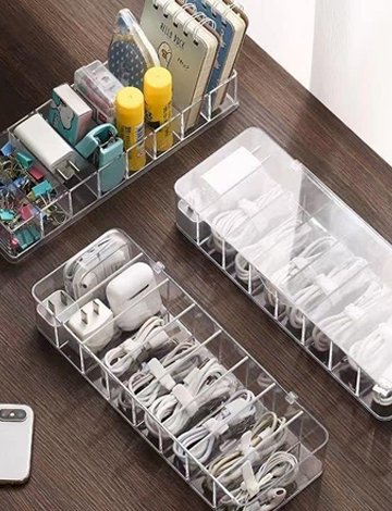 Necomi Data Cable Organizer Storage Box With Lid Electronic cables Organizer Box Transparent Charger Cable Organiser Desk Accessories Storage Organizer Cable Management Tidy With 10 Cable Ties Straps