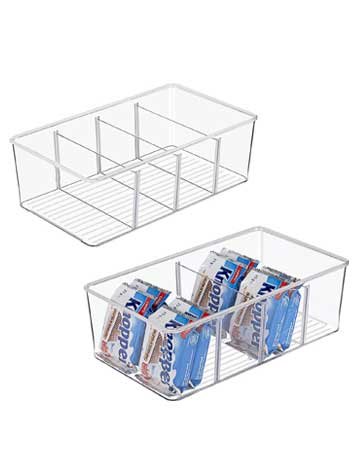 TERRIFI 2 Pack Food Storage Organizer Bins, Clear Plastic Storage Bins for Pantry, Kitchen, Fridge, Cabinet Organization and Storage, 2 Compartment Holder for Packets, Snacks, Pouches, Spice Packets
