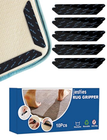 Jesties Pack of 10 Anti-Slip and Reusable Rug Grippers for Wooden and Hard Floors, Washable Rug Pads or Carpet Stickers for all Types and Sizes of Rugs (180x30x2mm)