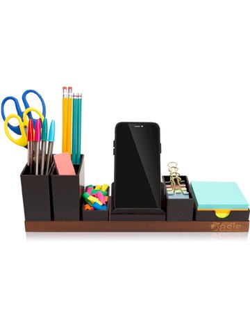 Customizable Desk Organizer, Bamboo Wood Base with Magnetic Trays, Desktop Organization Holder for Pen, Pencil, Office Supplies, and Accessories, Perfect for Home Office or College Dorm Room, Brown