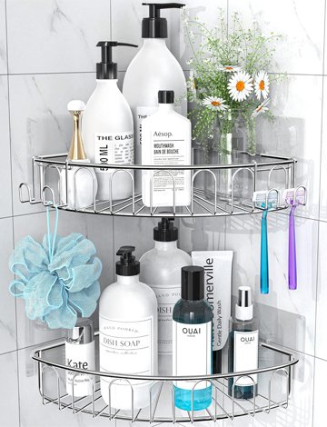 Orimade Corner Shower Caddy Stainless Steel with Hooks Wall Mounted Bathroom Shelf Storage Organizer Adhesive No Drilling 2 Pack, Silver Only for 90-Degree Corner