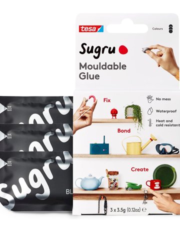 Tesa Sugru Super Glue - Waterproof Glue for Home Improvement + Craft Glue Projects - Versatile Wood Glue, Poster Putty or Silicone Adhesive for Fixing, Repairing + Bonding - 3 Pack - Black (3.5g/ea)