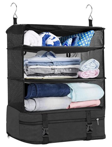 Portable Hanging Travel Shelves with Toiletry Bag Set, Premium Durable Oxford Packing Cubes for Suitcases Hanging Carry on Closet Luggage Organizers for Travel (Black)